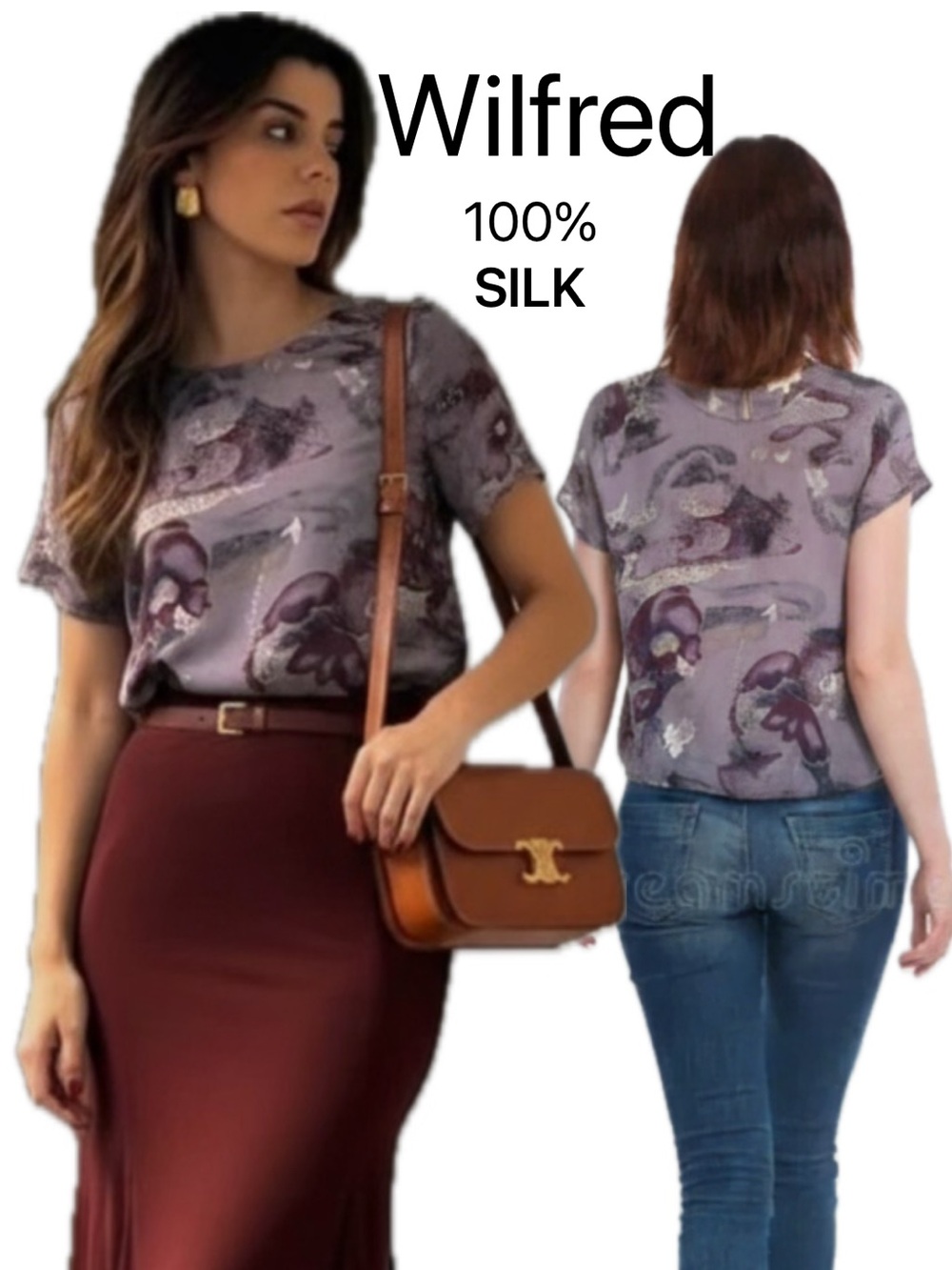 Wilfred Aritzia Lavender Abstract Print 100% Silk Top High Low Medium PTP 22